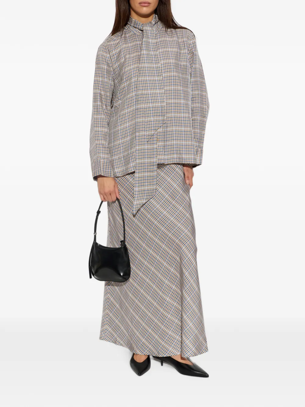 MUNTHE Veiling geruite blouse met gestrikte hals Beige