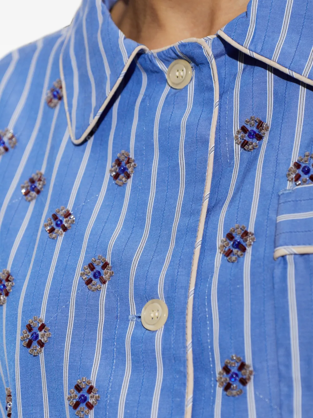 MUNTHE Vintager gestreepte blouse verfraaid met kralen Blauw