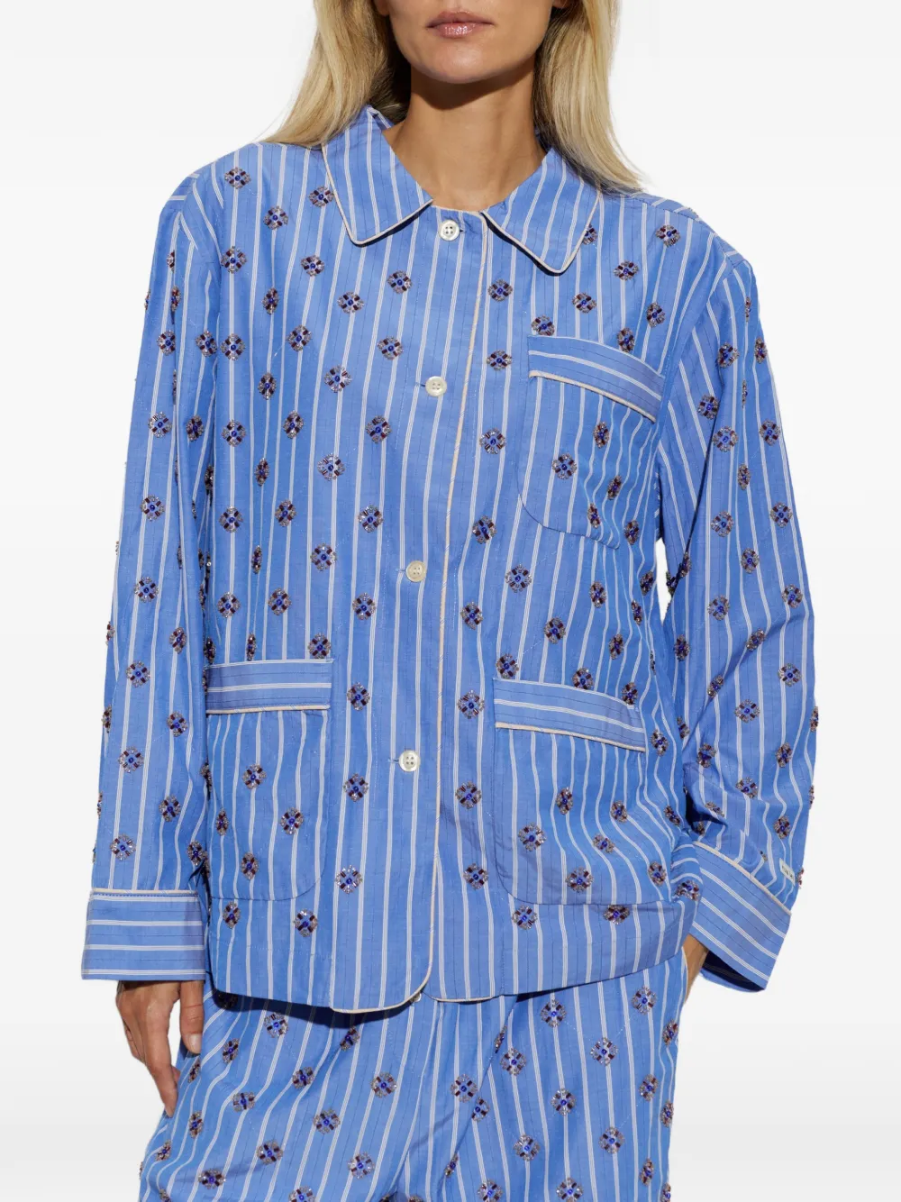 MUNTHE Vintager gestreepte blouse verfraaid met kralen Blauw