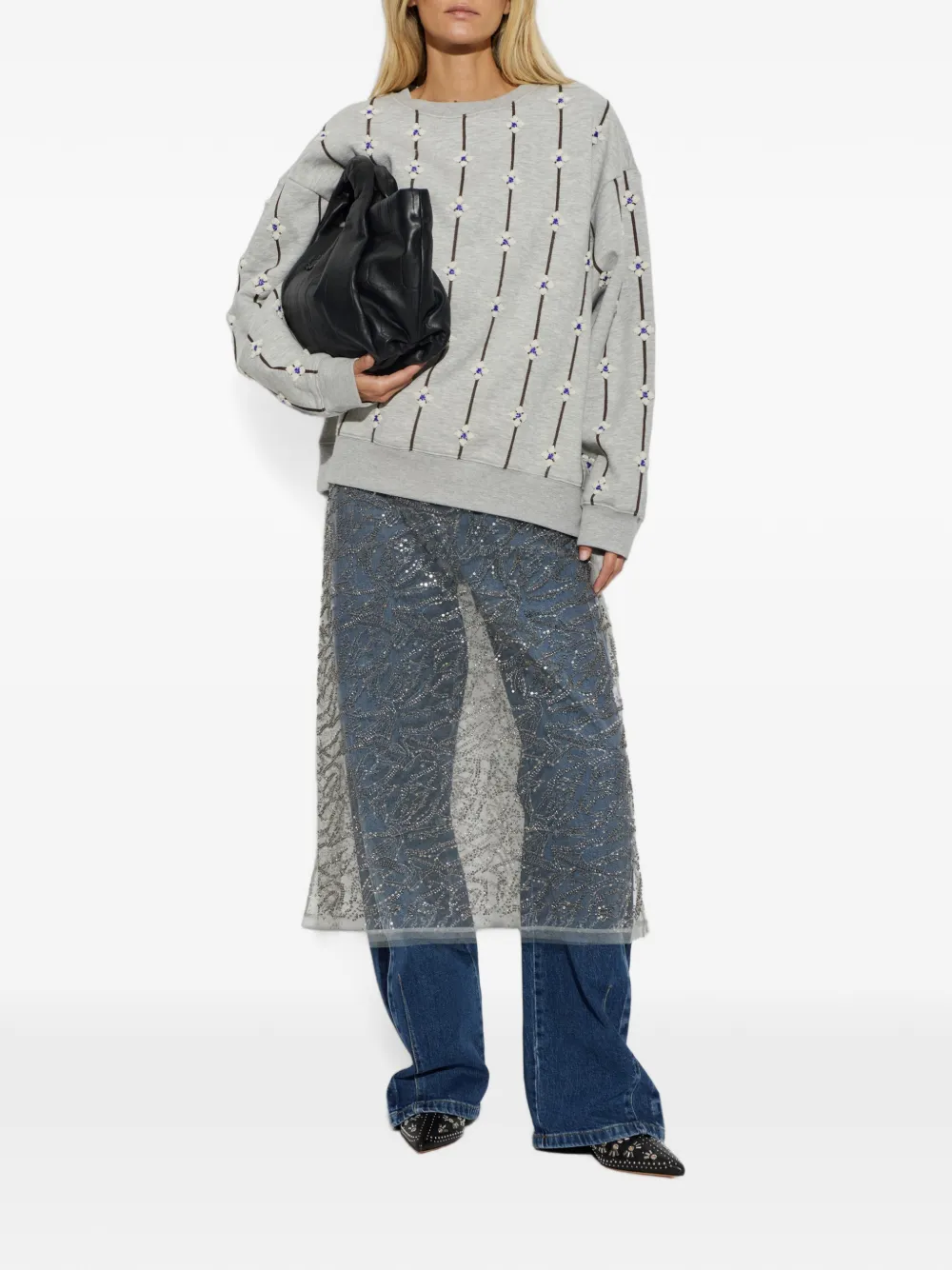 MUNTHE Vesicle sweater verfraaid met bloemen Grijs