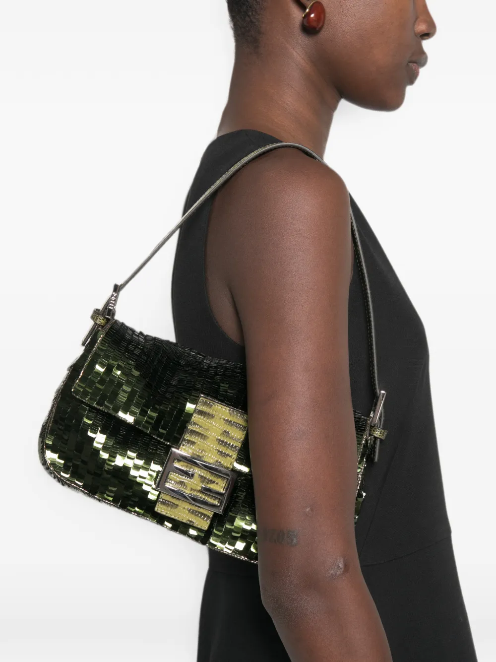 FENDI Baguette Sequin-embellished Shoulder Bag in Green, view 2