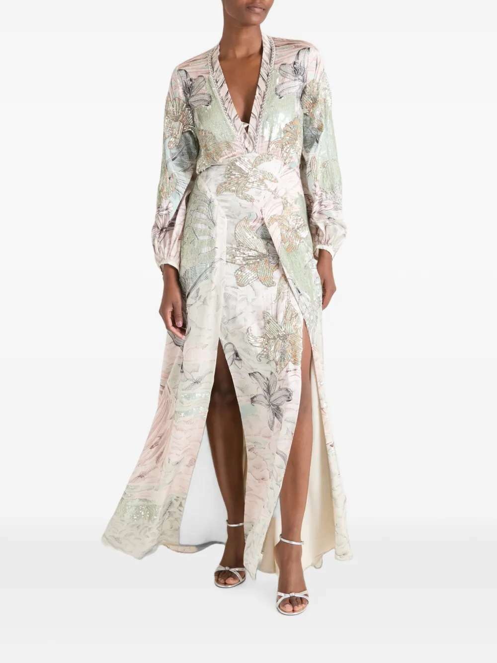 Temperley London Nerissa maxi-jurk verfraaid met pailletten en bloemenprint Beige
