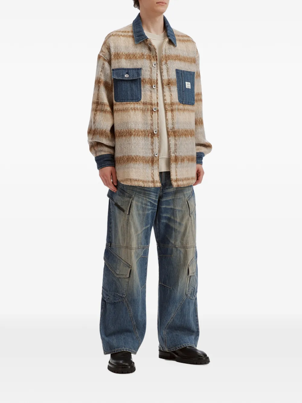 FIVE CM Geruit overhemd met denim afwerking Beige