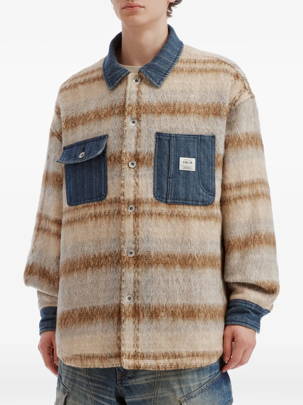 FIVE CM Geruit overhemd met denim afwerking Beige