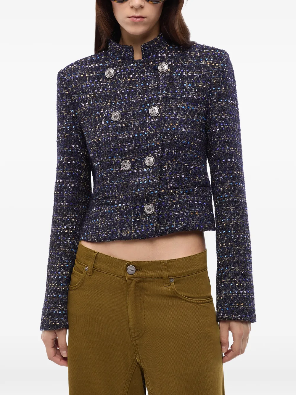 PINKO cropped Bouclé tweed jacket with metal buttons Blauw