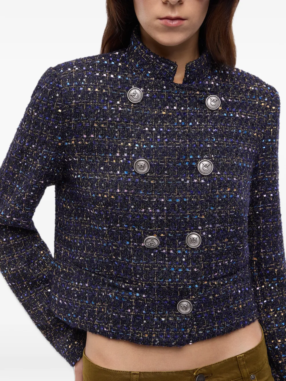PINKO cropped Bouclé tweed jacket with metal buttons Blauw