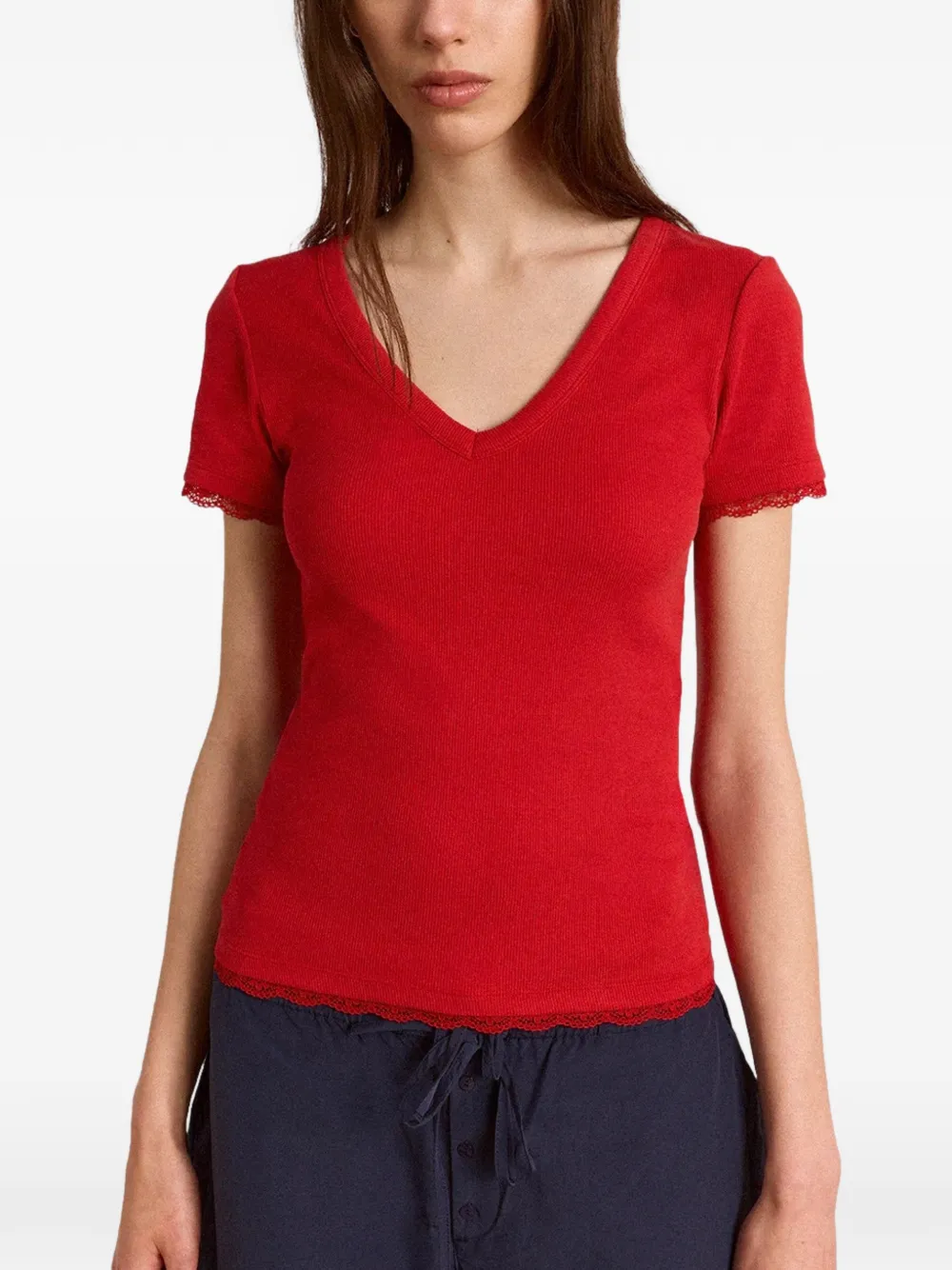 DAMSON MADDER Paige lace-trim V-neck T-shirt - Rot