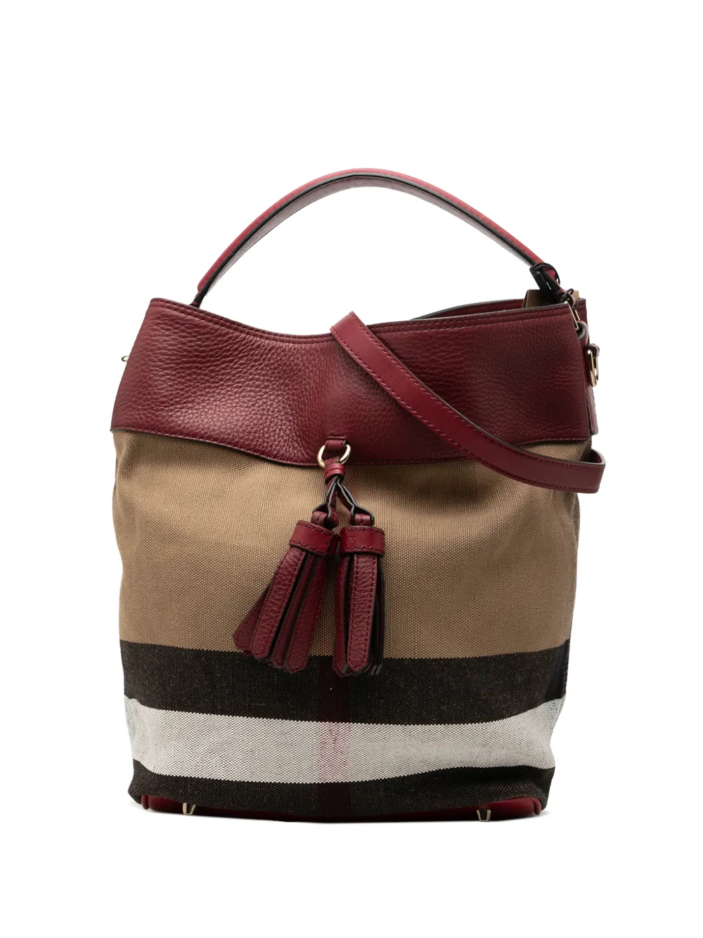 Burberry Pre-Owned 2000-2017 Medium Mega Check Canvas and Grained Calfskin Ashby Tassel Bucket Bag satchel - Braun