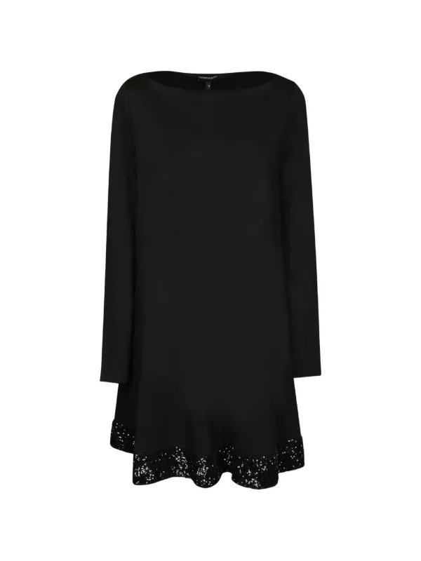 Emporio Armani Stretch-viscose Jersey Dress with Boat Neck and Sequin Hem in Black