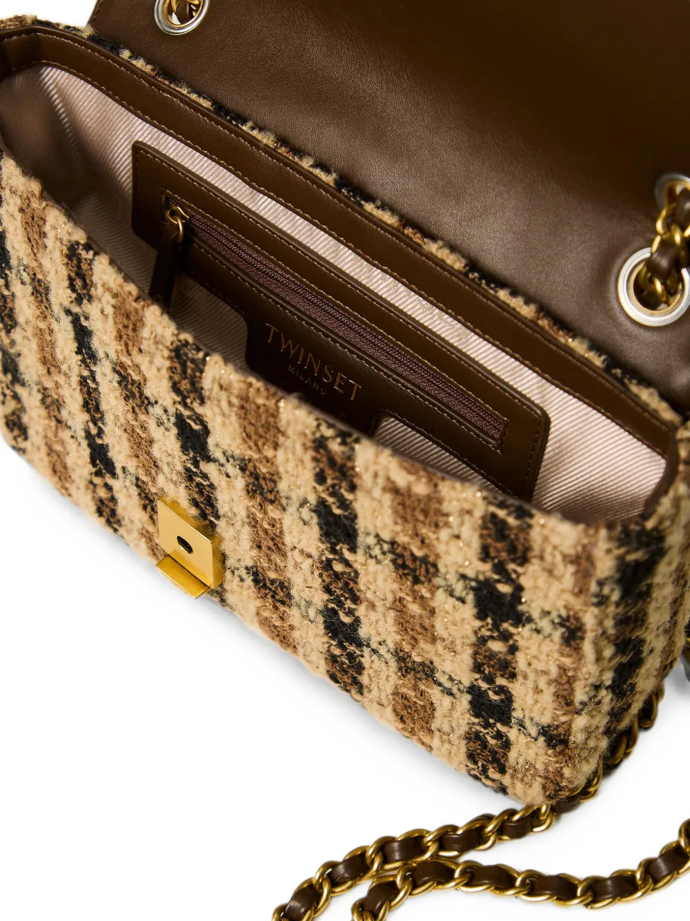TWINSET Bouclé geruite schoudertas Bruin