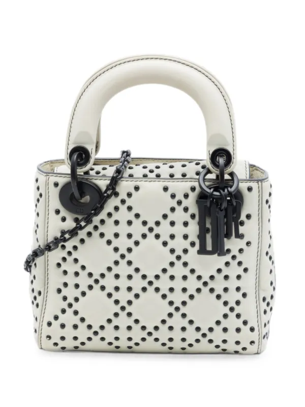Dior Pre-owned 2018 Mini Lambskin Cannage Studded Supple Lady Dior Satchel in White