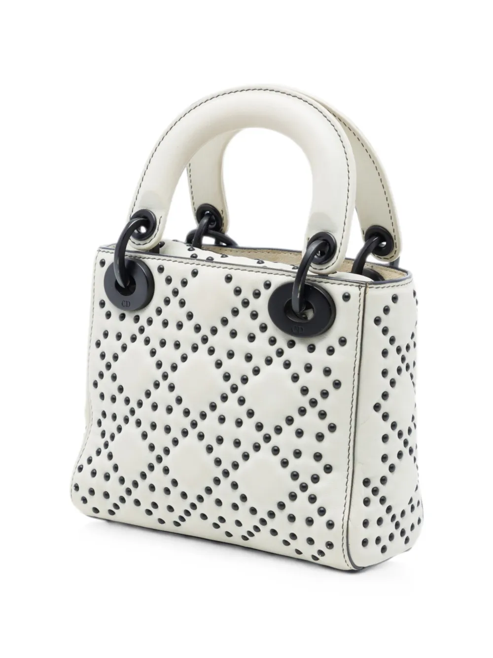 Dior Pre-owned 2018 Mini Lambskin Cannage Studded Supple Lady Dior Satchel in White, view 3