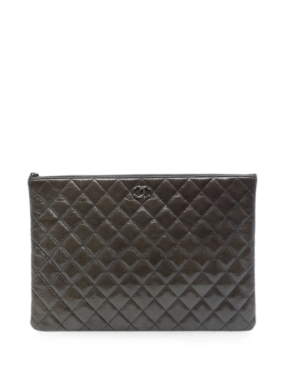 CHANEL Pre-Owned grande pochette O Case en cuir verni à effet craquelé (2014) - Gris