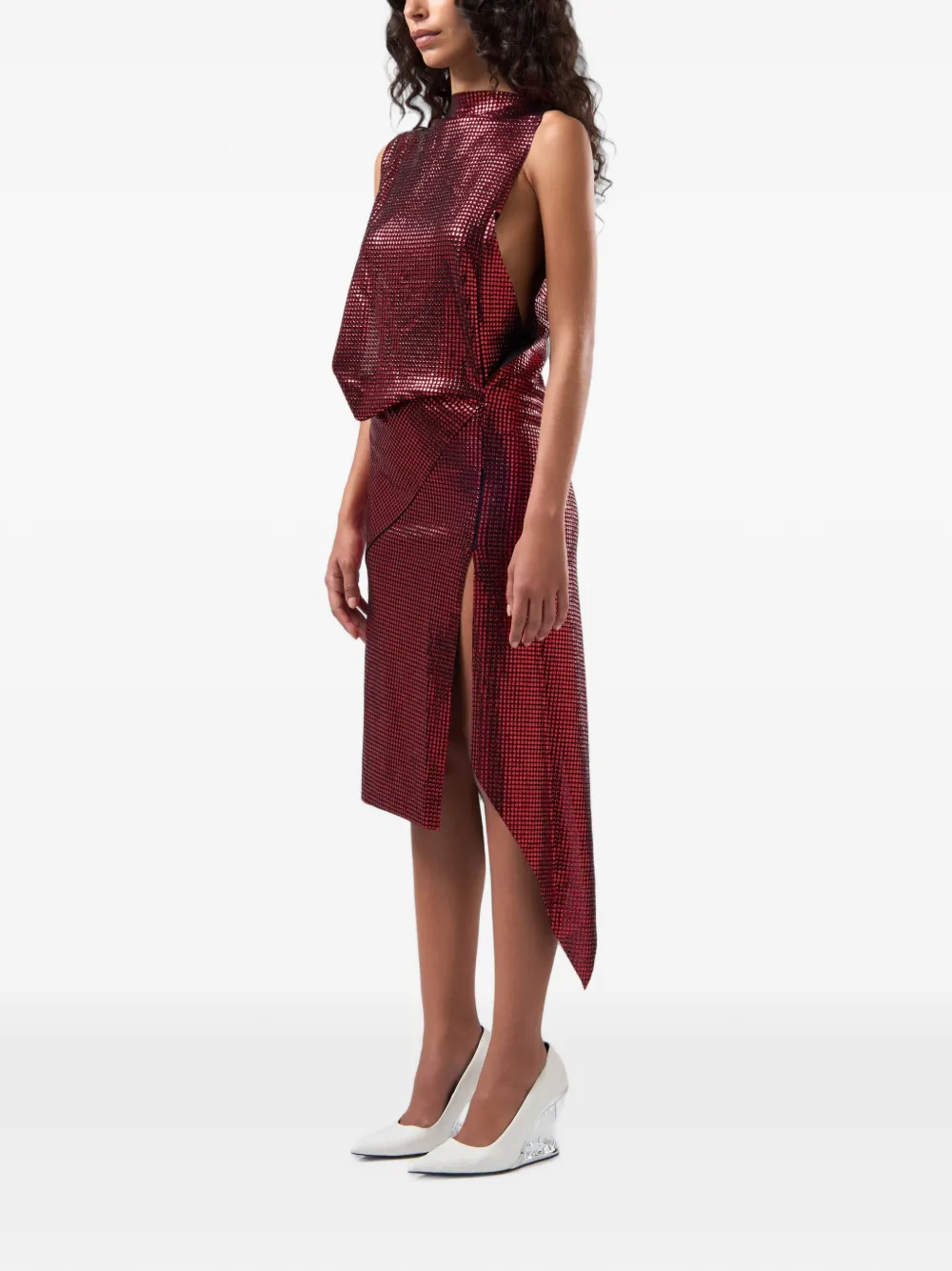GCDS Sparkling asymmetrische gedrapeerde midi-jurk Rood