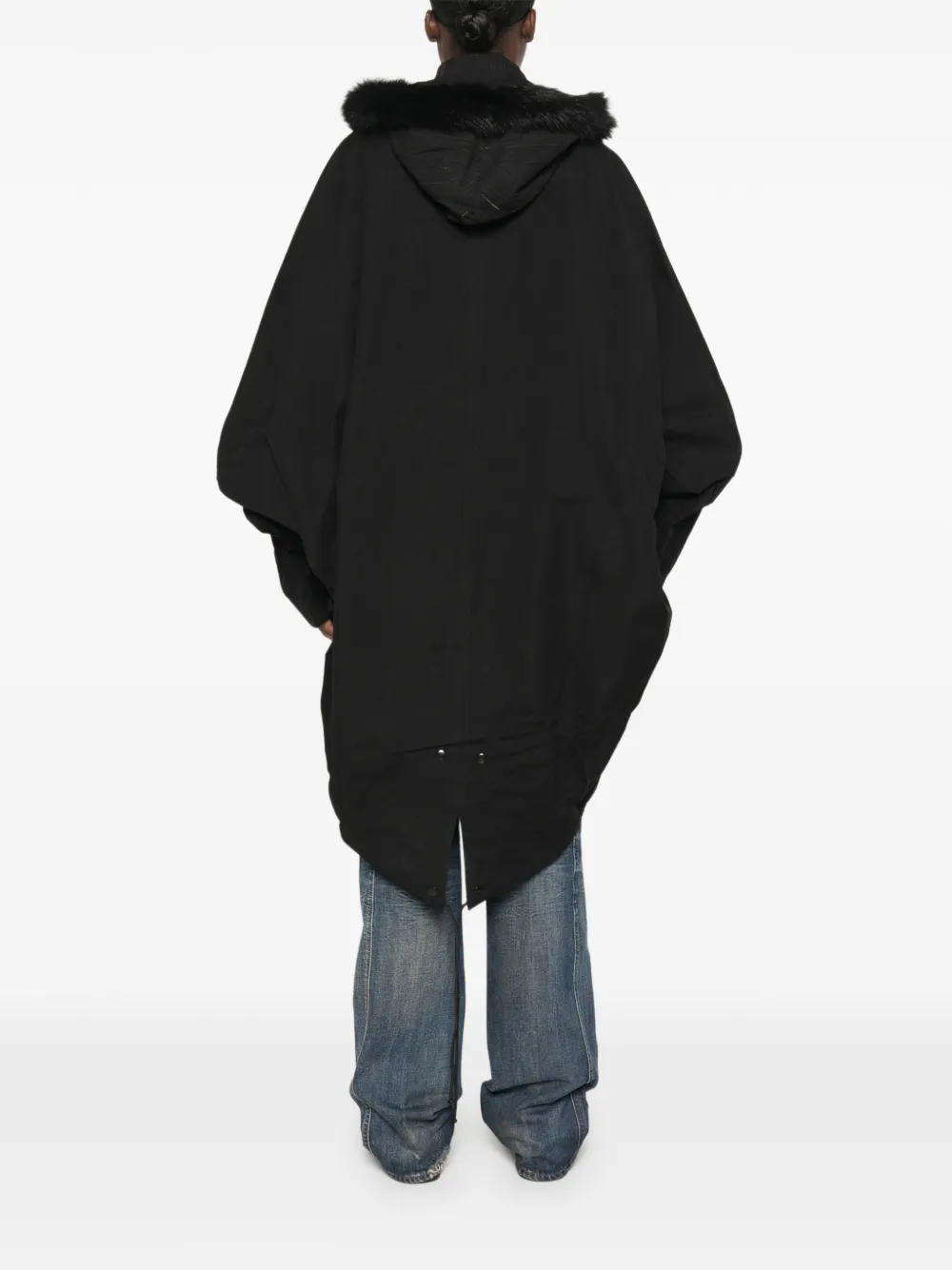 Kiko Kostadinov Bittern poncho met capuchon en afwerking van imitatiebont Zwart
