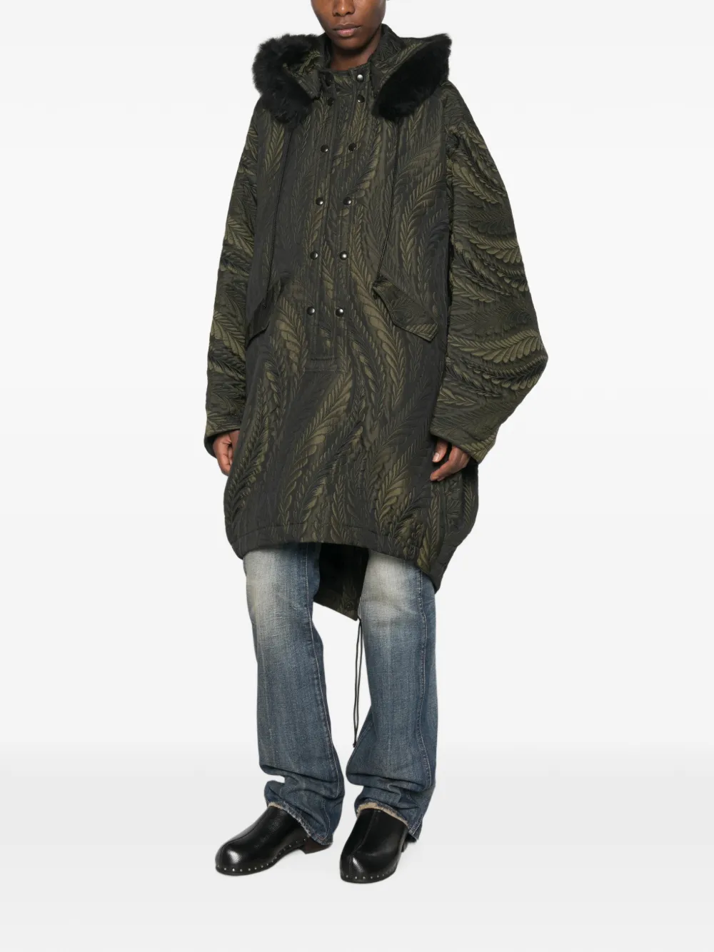 Kiko Kostadinov Bittern poncho met capuchon en bladerjacquard Groen