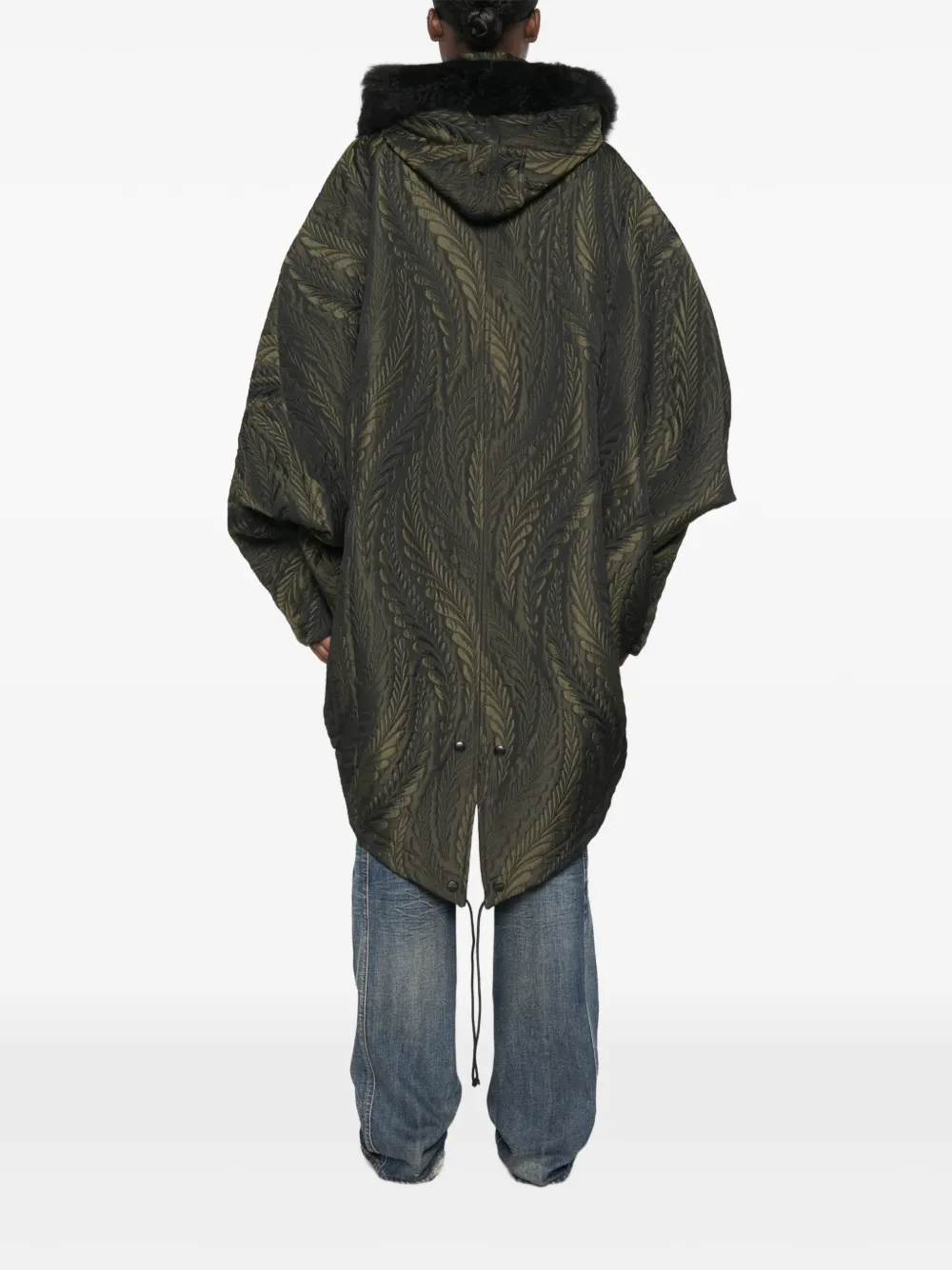 Kiko Kostadinov Bittern poncho met capuchon en bladerjacquard Groen