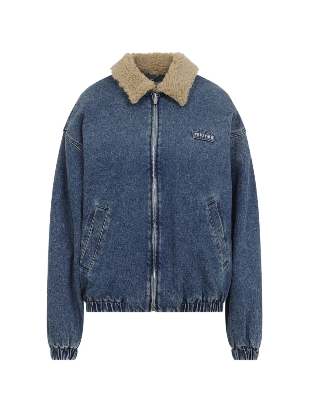 Miu Miu shearling-collar logo-patch denim jacket - Blau