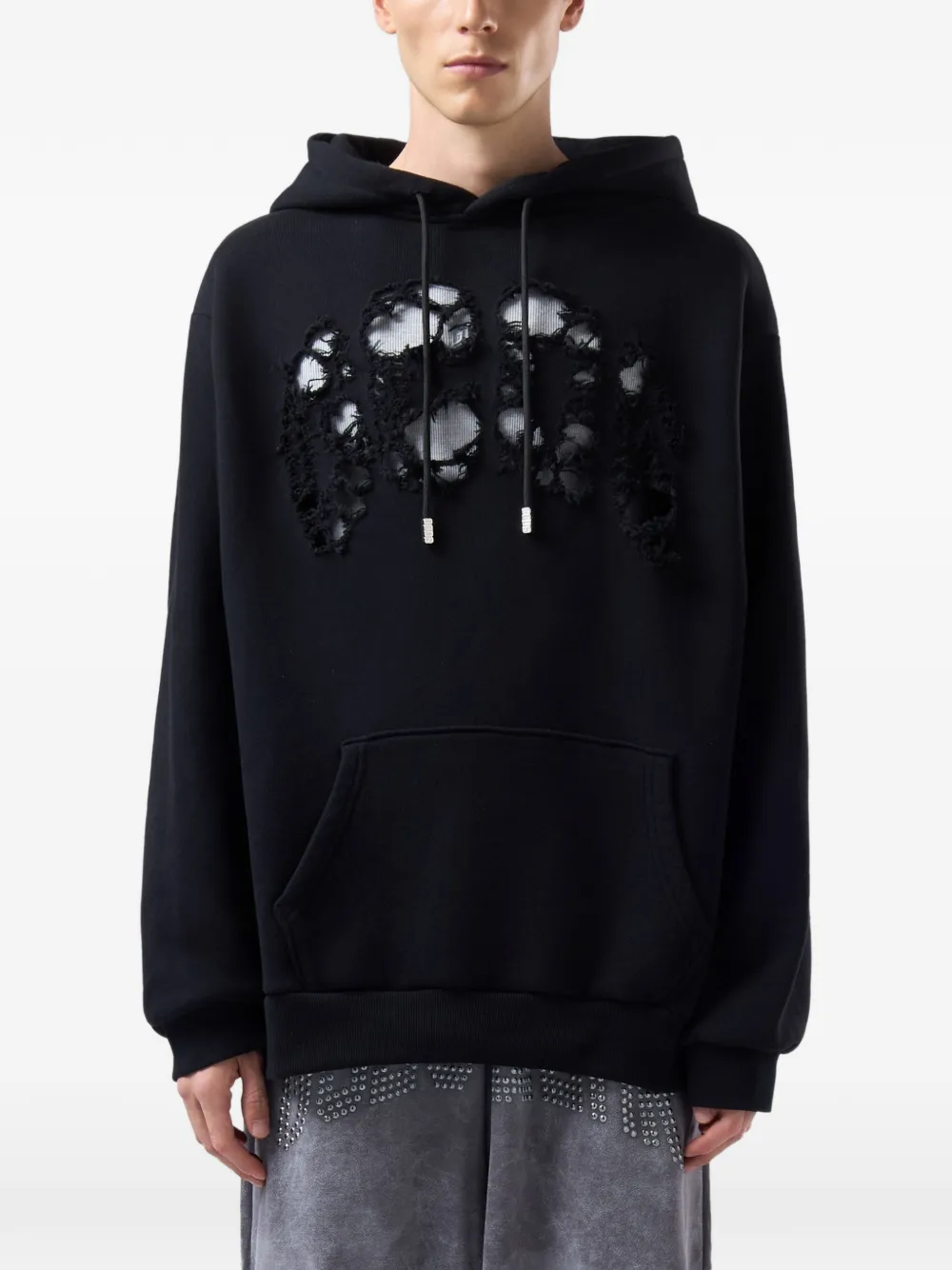 GCDS Gerafelde hoodie met uitgesneden details Zwart