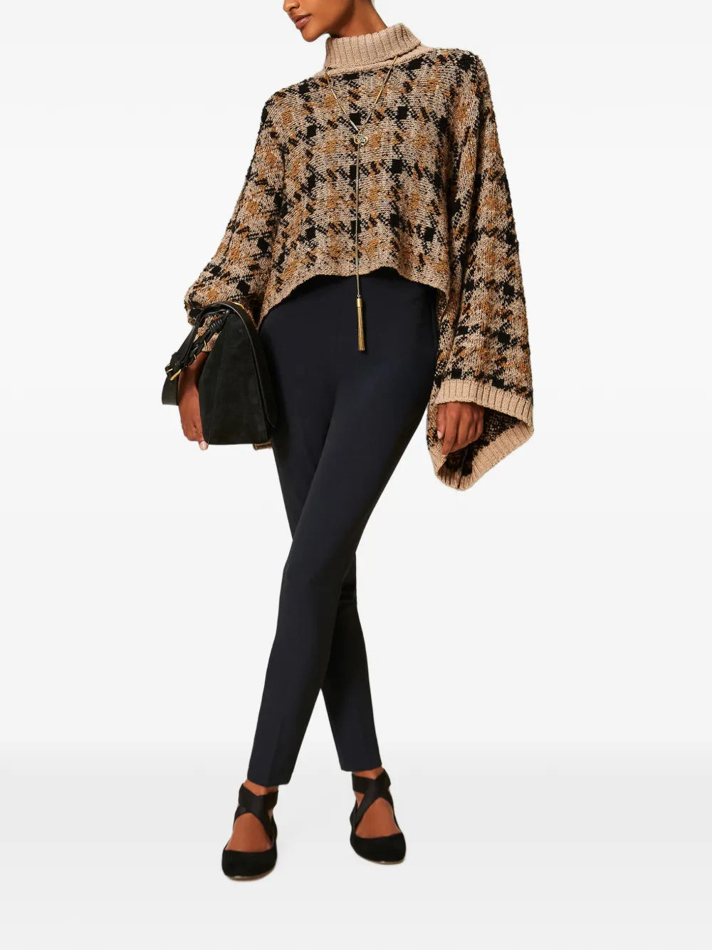 TWINSET Geruite gebreide cape met jacquard Beige