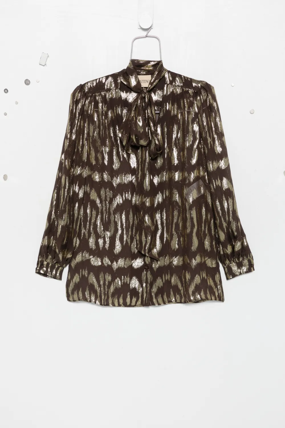 Valentino Pussy-bow Metallic-pattern Blouse In Multi