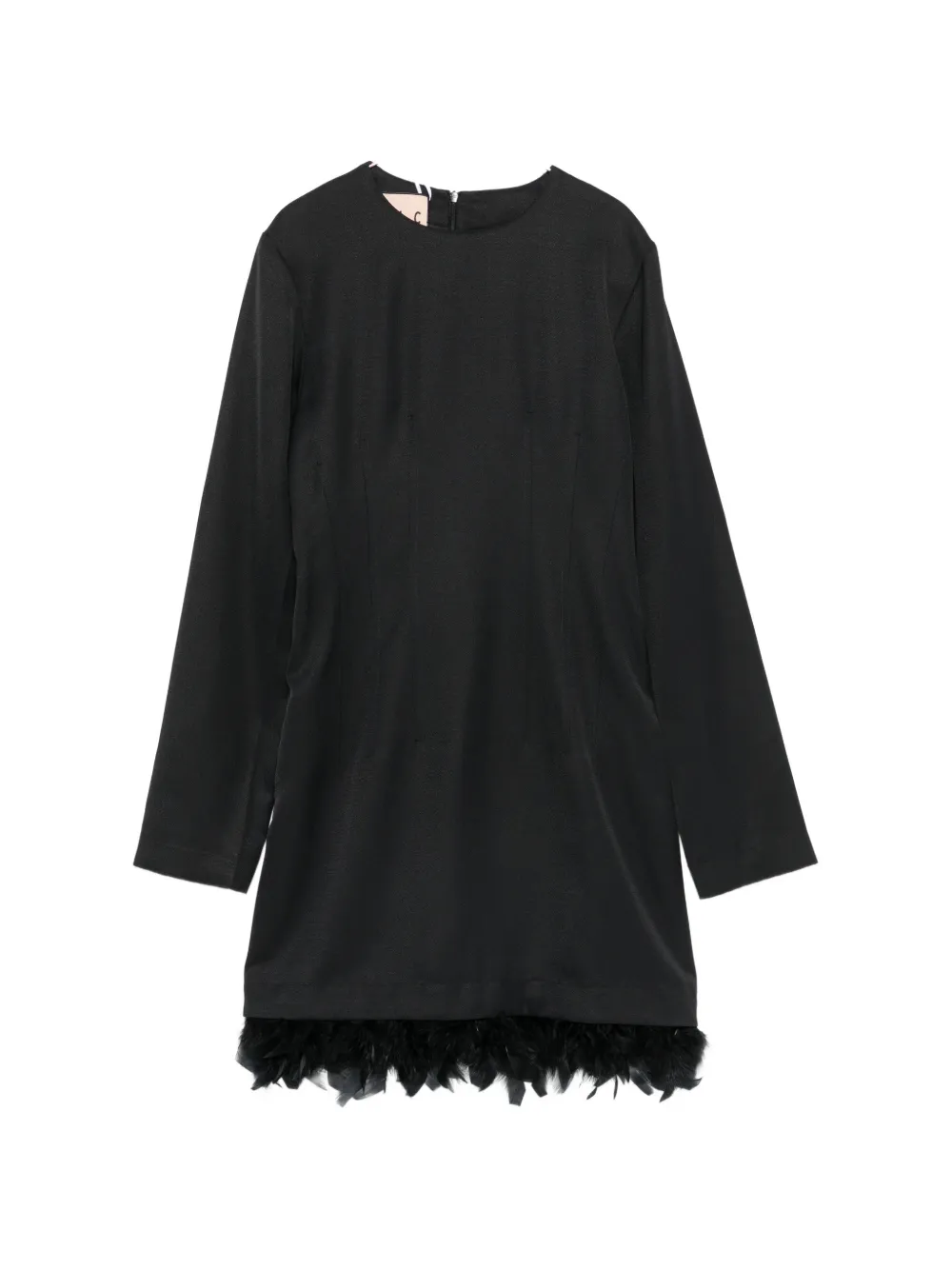 Plan C feather-trim long-sleeve mini dress - Schwarz