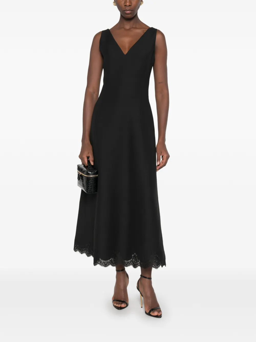 Valentino Garavani lace-trim V-neck midi dress Zwart