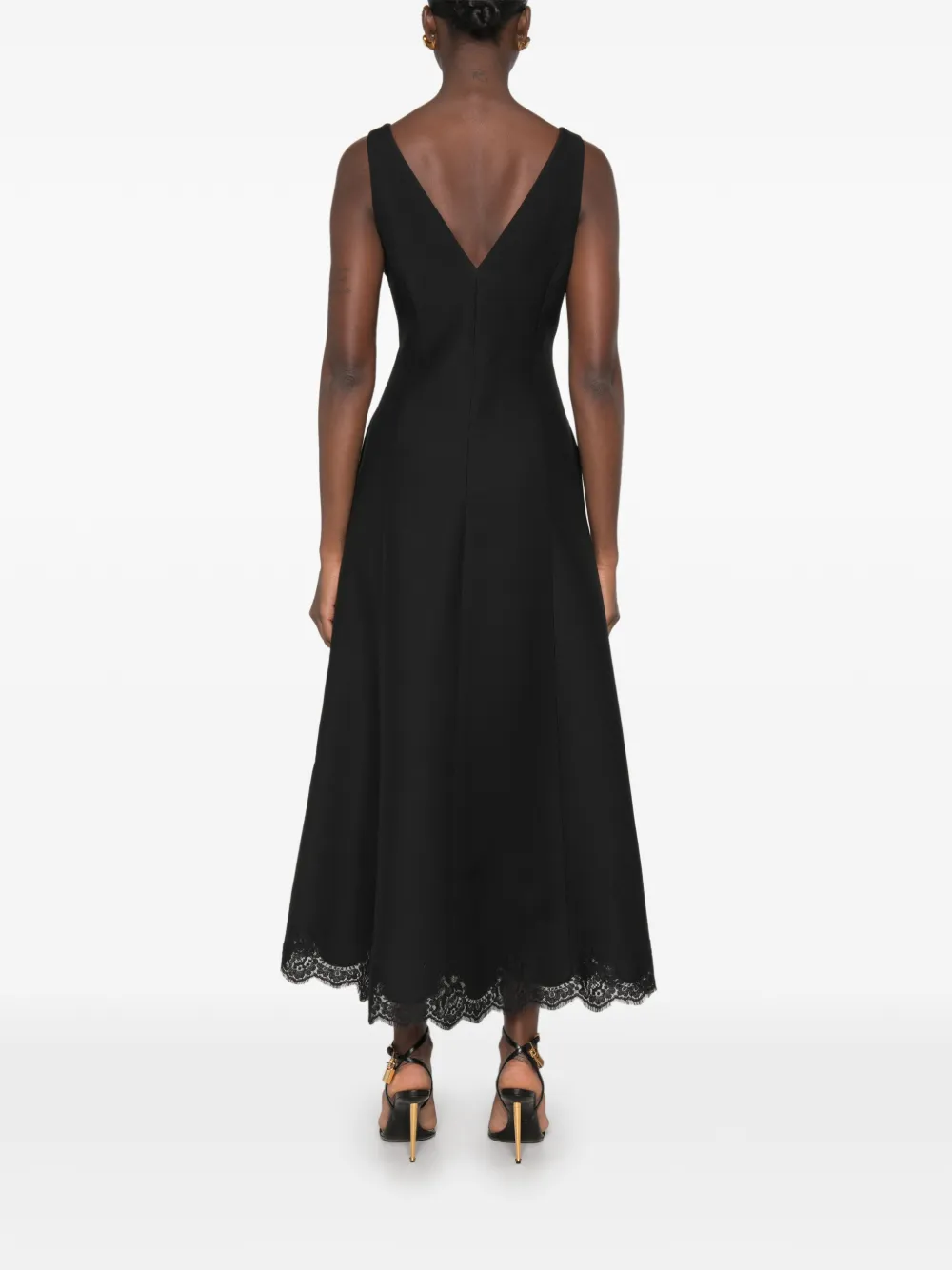 Valentino Garavani lace-trim V-neck midi dress Zwart