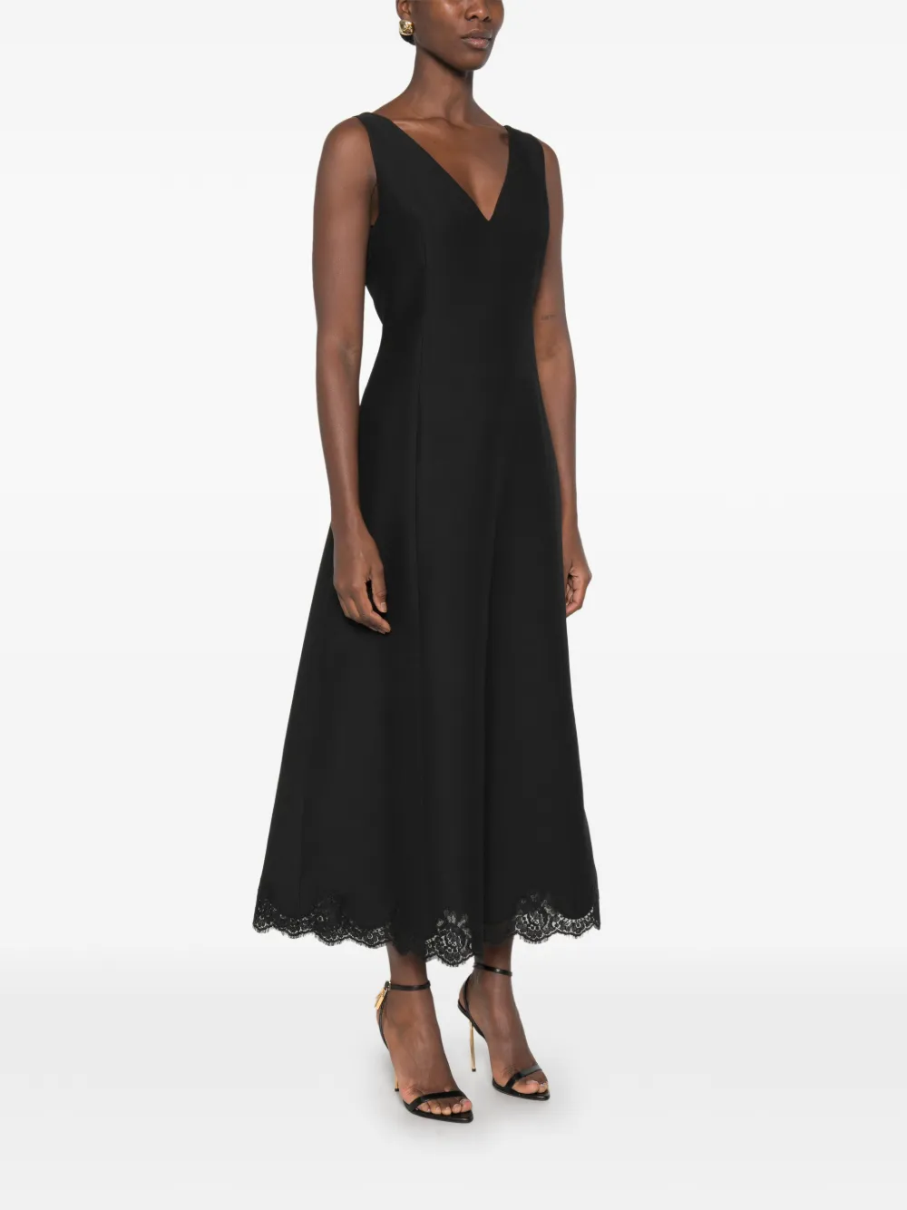 Valentino Garavani lace-trim V-neck midi dress Zwart