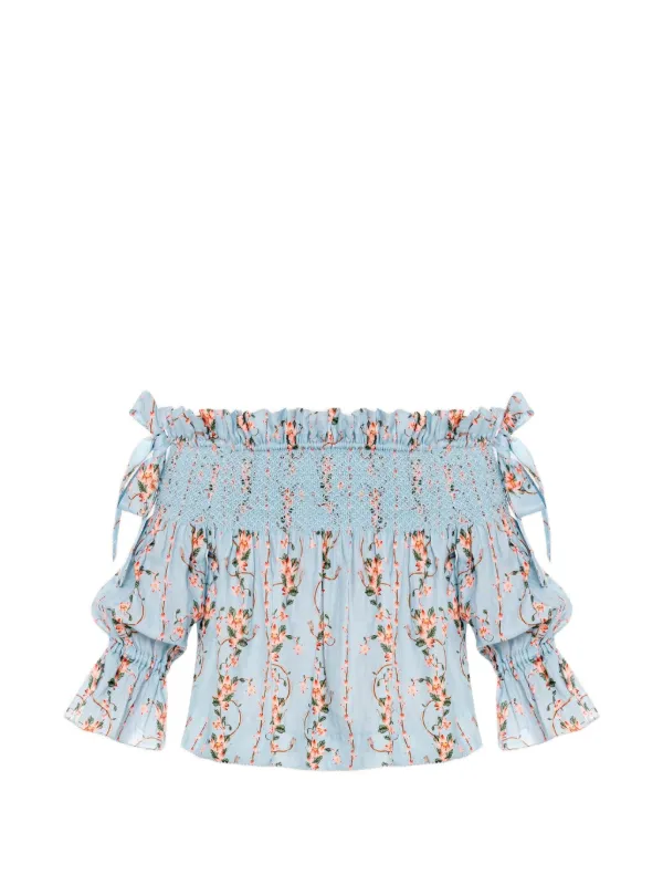 Agua by Agua Bendita Isla Navegante Floral-print Smocked Blouse in Blue