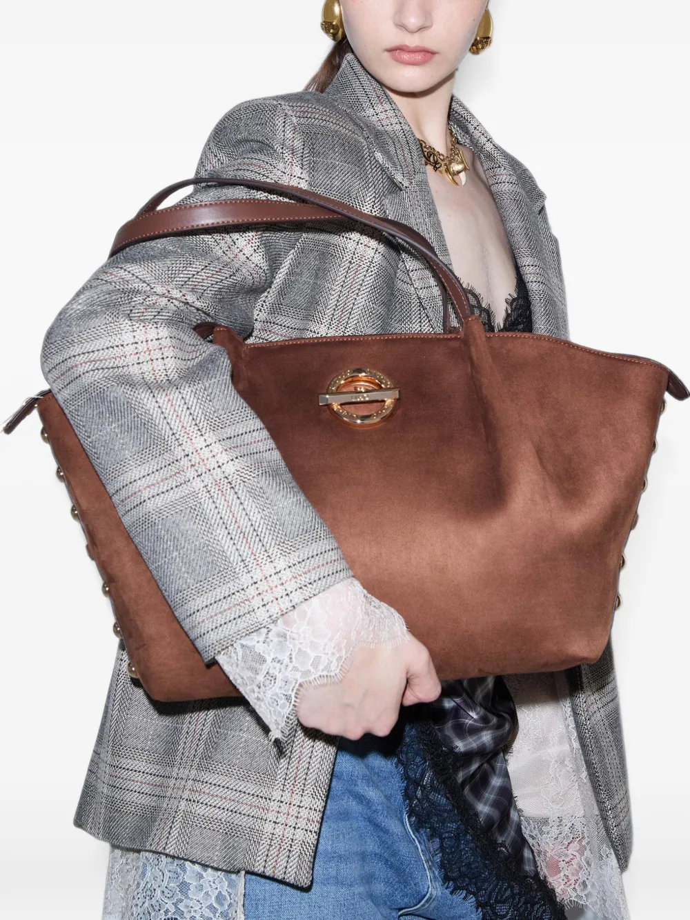 LIU JO suede-effect studded shoulder bag - Marrone