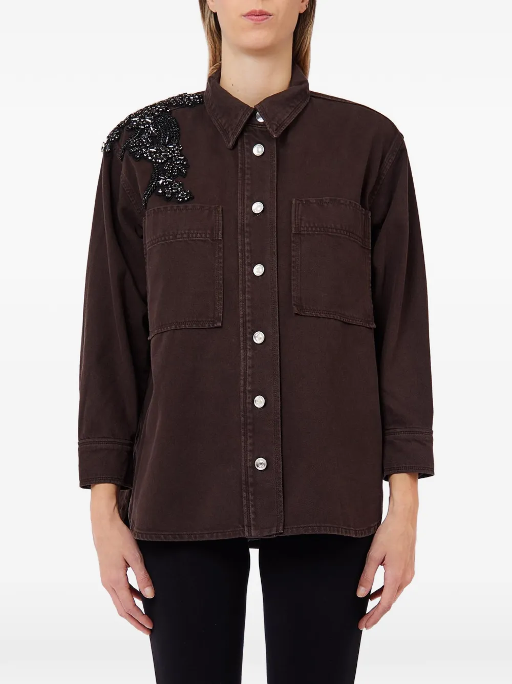 LIU JO bead-embellished denim shirt - Marrone