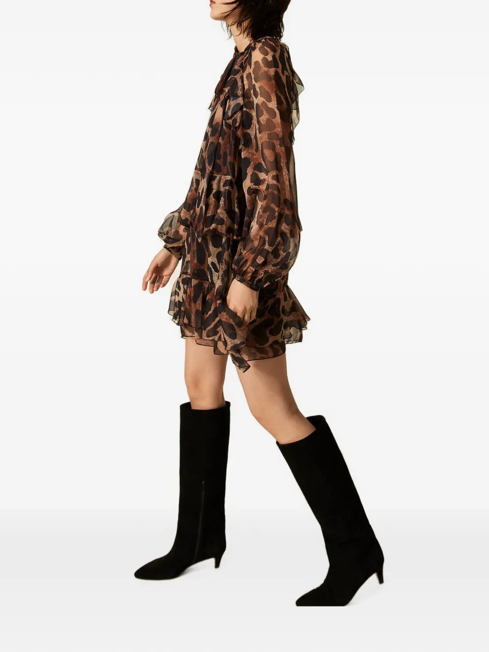 TWINSET Korte voile jurk met dieren-print Bruin