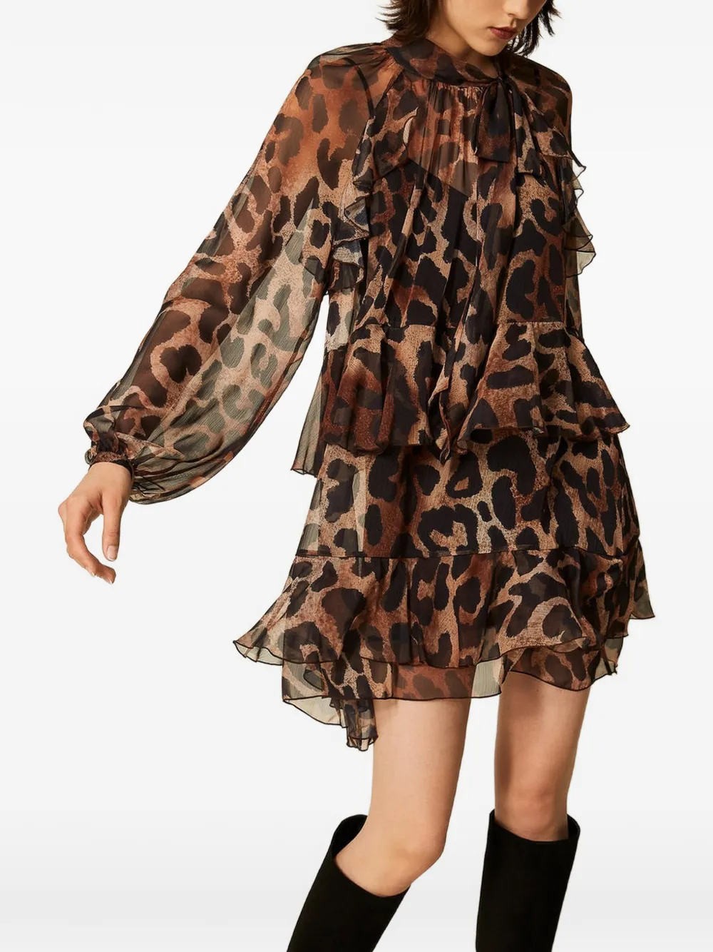 TWINSET Korte voile jurk met dieren-print Bruin