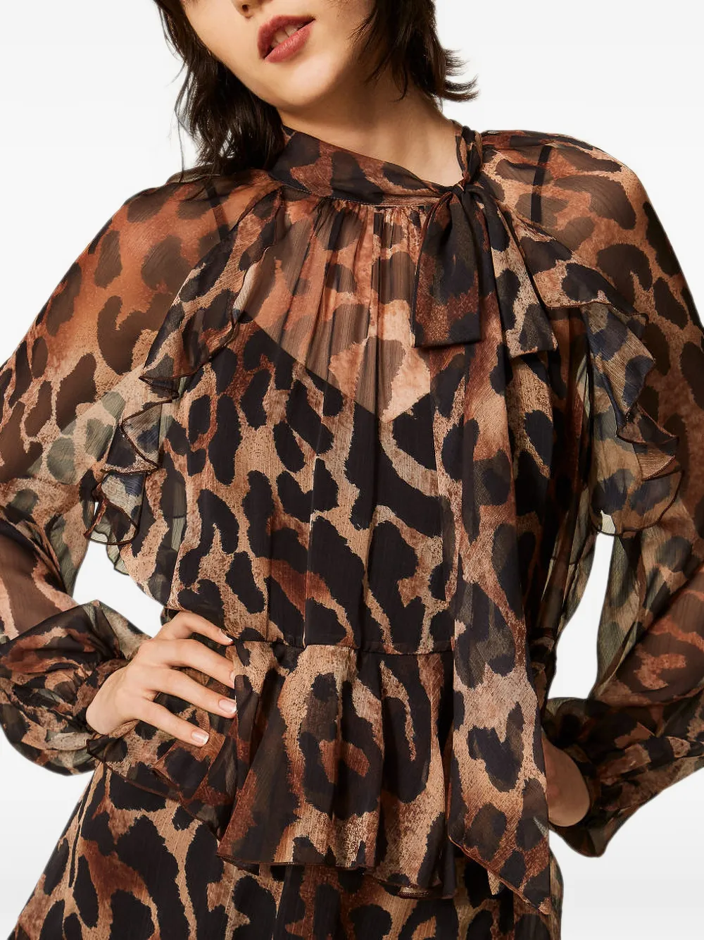 TWINSET Korte voile jurk met dieren-print Bruin