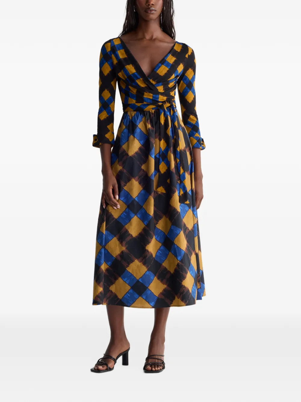 Dvf Vintage Ballerina geruite midi-jurk in wikkelstijl Bruin