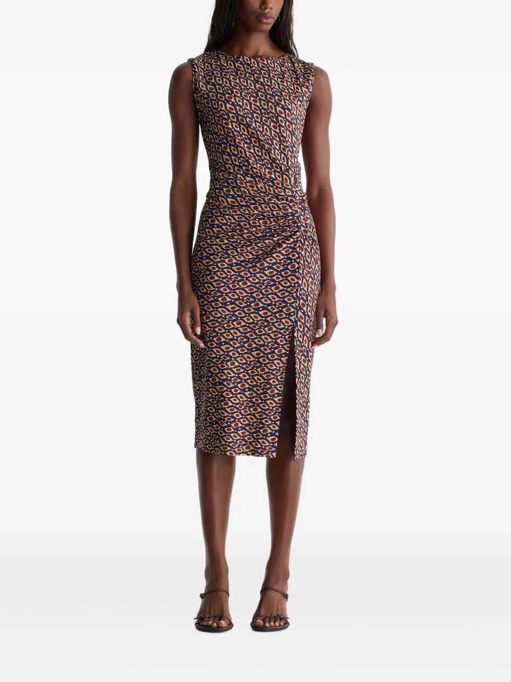 Dvf Vintage Andie midi-jurk met geometrische print en ruches Beige