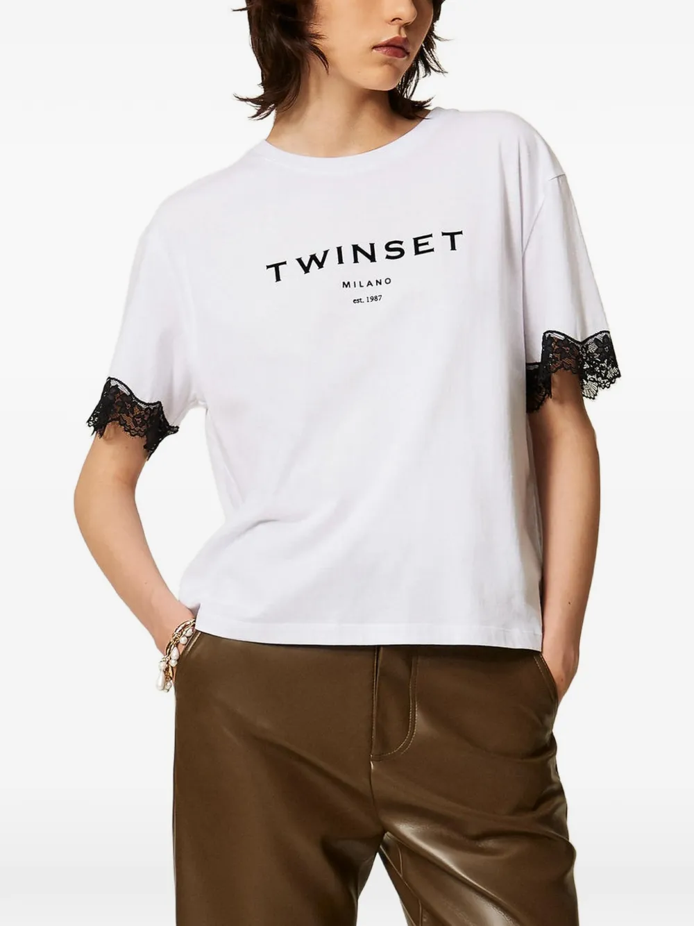 TWINSET jersey T-shirt with logo and lace - Bianco