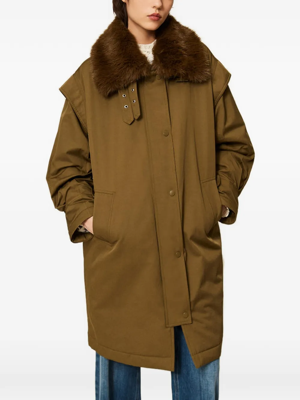 TWINSET Gabardine parka met kraag van imitatiebont Groen