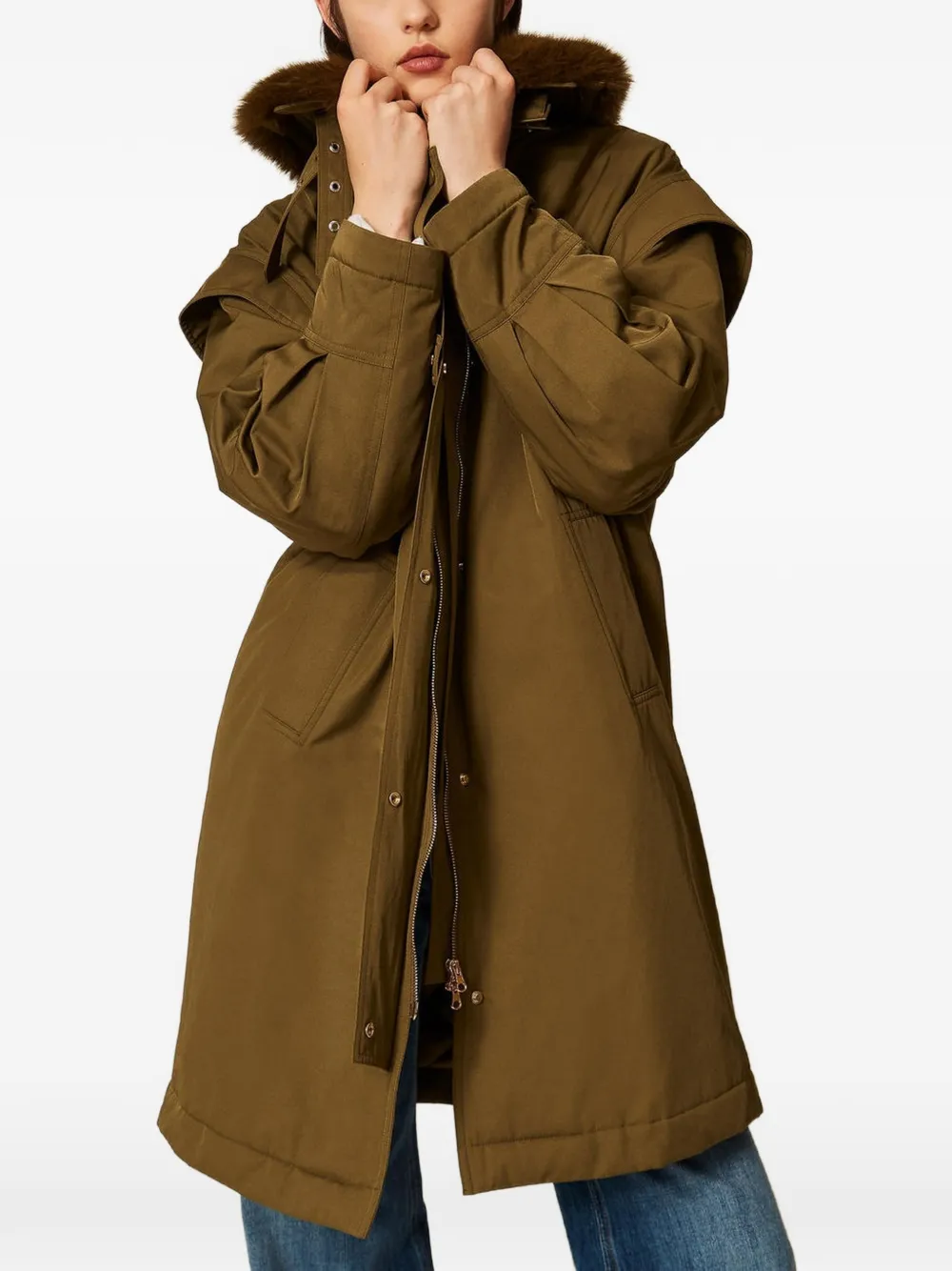 TWINSET Gabardine parka met kraag van imitatiebont Groen