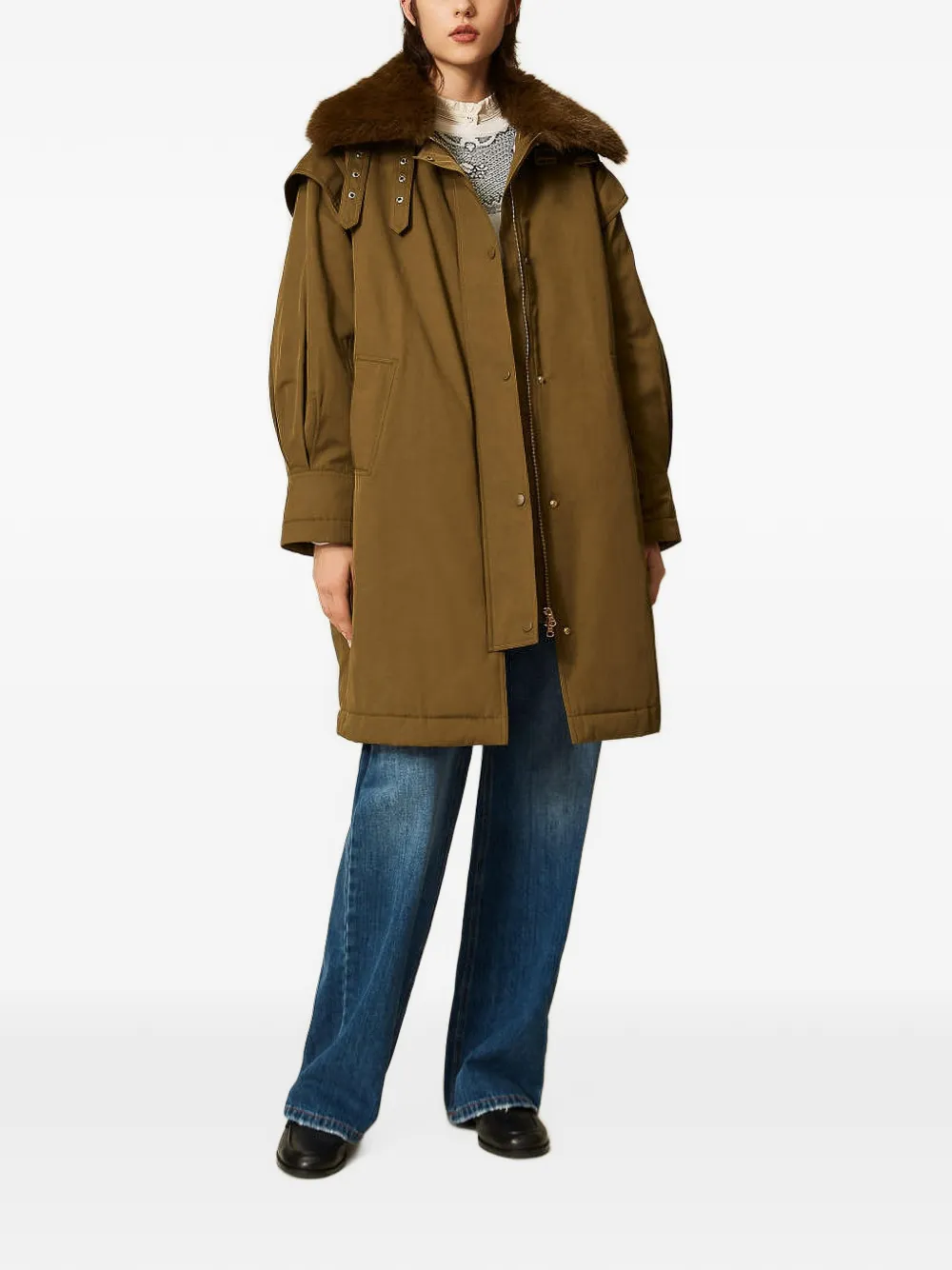TWINSET Gabardine parka met kraag van imitatiebont Groen