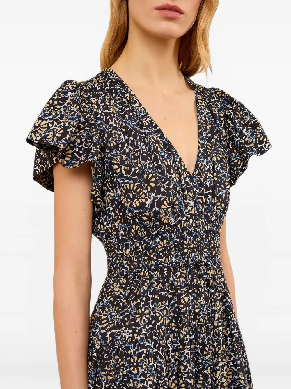 Ulla Johnson Lyria midi-jurk met bloemen-print en ruches Zwart