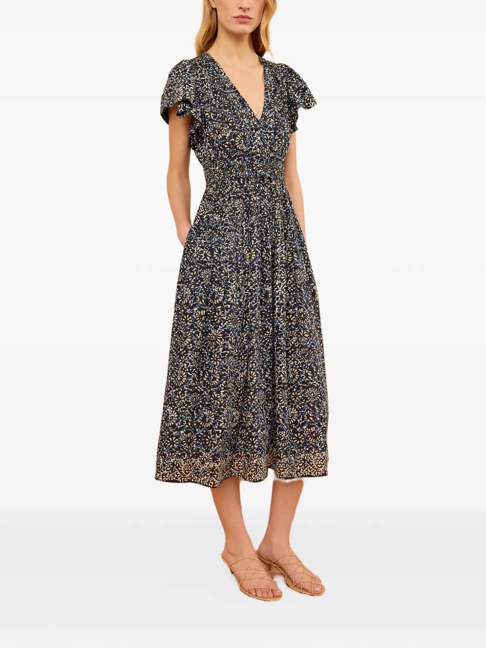 Ulla Johnson Lyria midi-jurk met bloemen-print en ruches Zwart