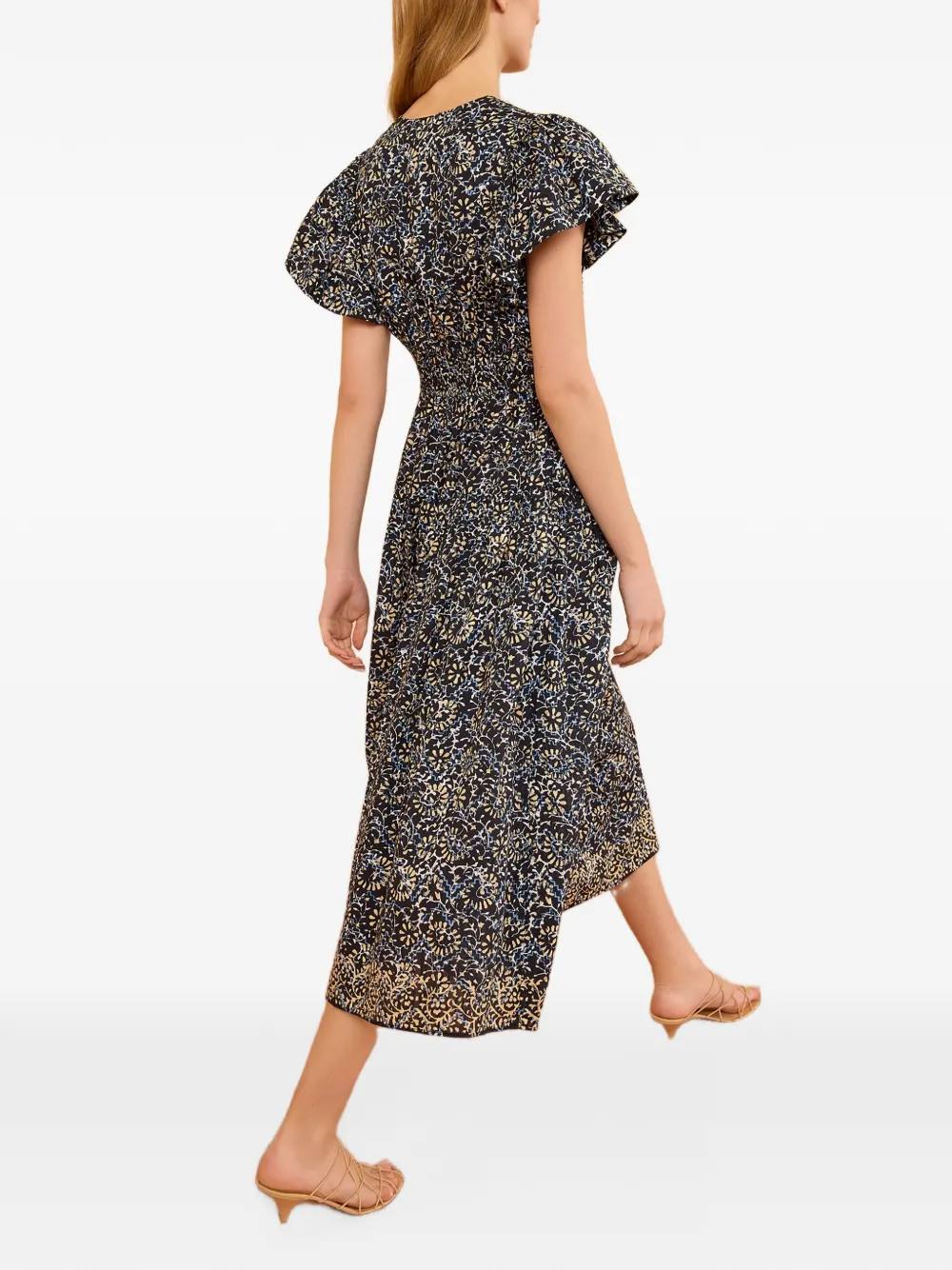 Ulla Johnson Lyria midi-jurk met bloemen-print en ruches Zwart