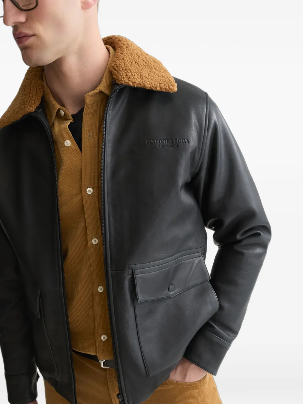 Scotch & Soda Leren jack met lammy kraag Zwart