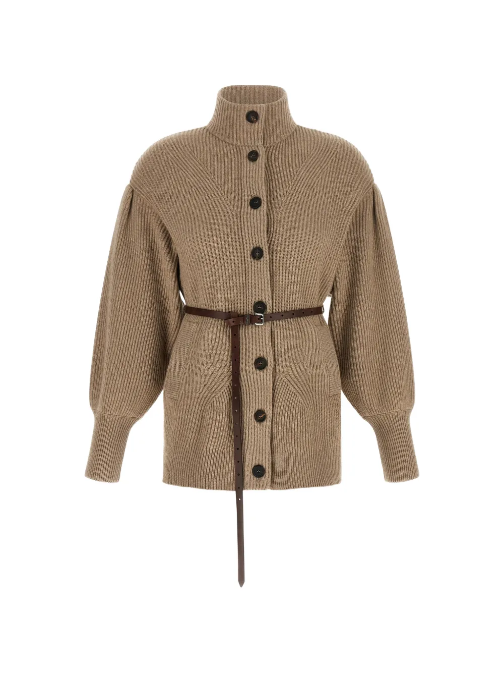 Brunello Cucinelli belted ribbed-knit wool cardigan - Nude