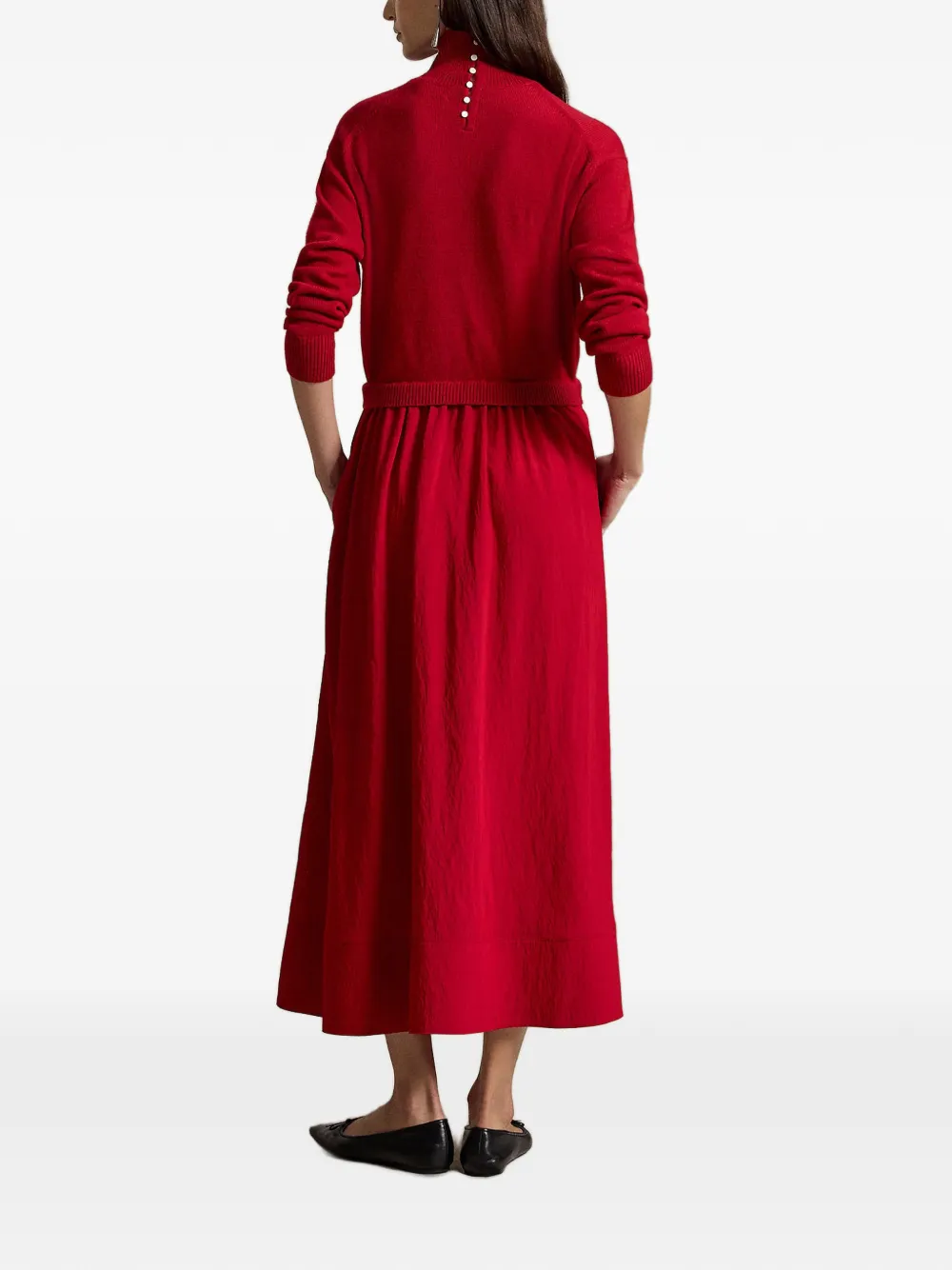 Polo Ralph Lauren Midi-jurk met geribbelde afwerking en knopen Rood