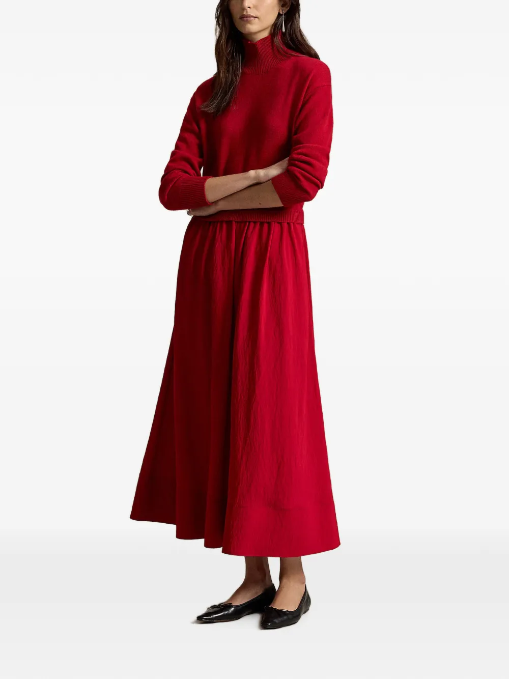 Polo Ralph Lauren Midi-jurk met geribbelde afwerking en knopen Rood