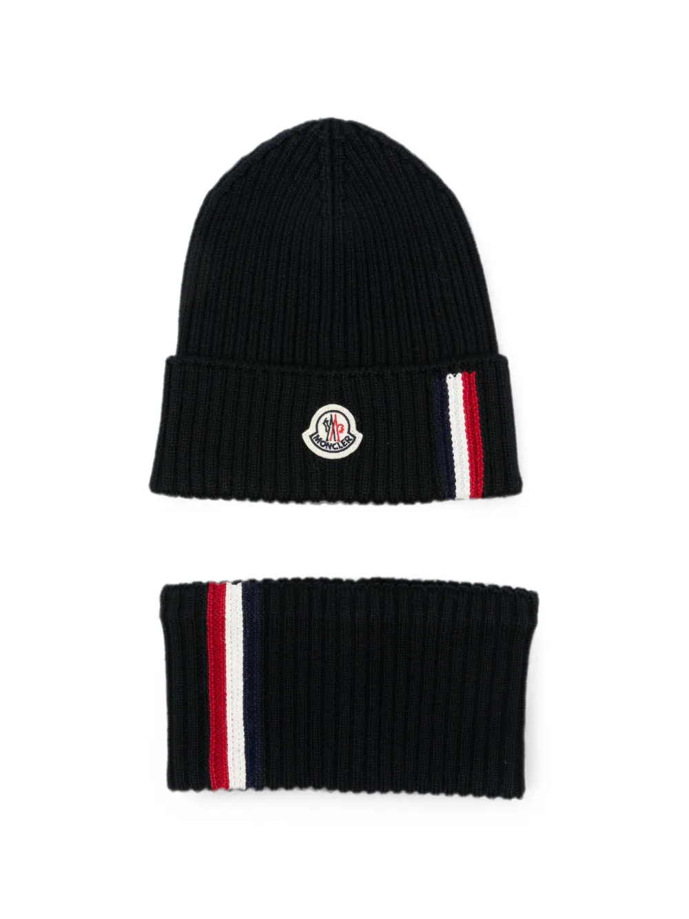 Moncler Enfant ensemble bonnet côtelé à écusson à logo - Noir Moncler Enfant ensemble bonnet côtelé à écusson à logo - Noir