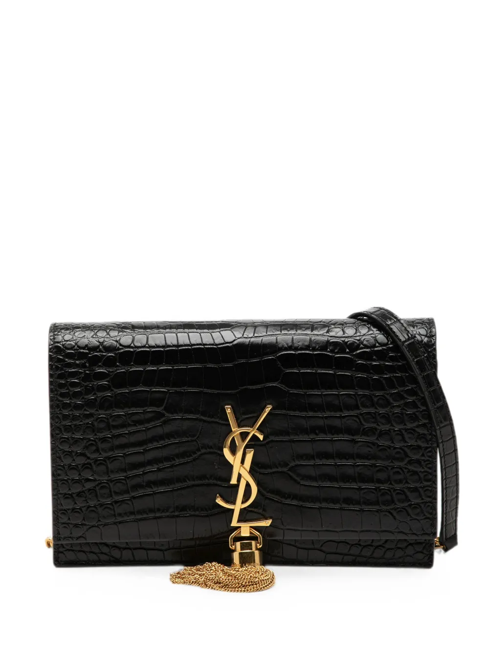 Saint Laurent Pre-Owned 2018 Small Croc Embossed Leather Monogram Kate Tassel crossbody bag - Nero